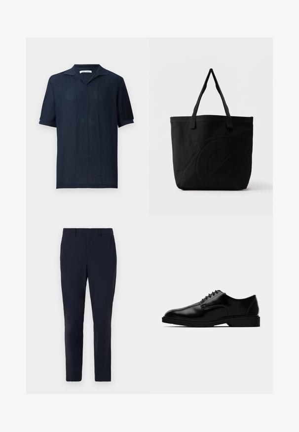 Samsøe Samsøe SATRAVIS POLO - Poloshirt - salute; Donkerblauwe op maat gemaakte broek van geweven stof, met een platte voorkant, riemlussen en een slim fit ontwerp met zijzakken.; Zwarte leren dresschoenen met een gladde afwerking, ronde neus, vetersluiting en een bescheiden rubberen zool voor grip.; Zwarte canvas tas met twee schouderbanden en een subtiel, ingebosseleerd cirkelvormig ontwerp aan de voorkant.