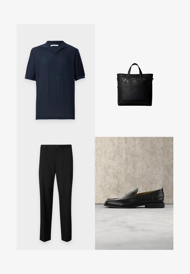 Samsøe Samsøe SATRAVIS POLO - Polo - salute; Pantalons noirs ajustés avec une coupe plate, taille standard et jambes droites. Fabriqués en tissu lisse, dotés d'une fermeture à un bouton.; Mocassin pour homme en cuir noir avec un dessus embossé effet croco et un petit talon, présenté de profil sur un fond neutre.; Sac cabas noir avec doubles poignées, grande poche avant en cuir avec fermeture éclair et logo discret Calvin Klein au centre de la poche.