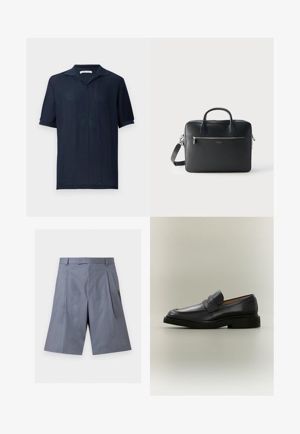 Samsøe Samsøe SATRAVIS POLO - Poloshirts - salute; Grå knælange shorts med bæltestropper, forreste plisseringer og en skjult gylp, vist på en ensfarvet hvid baggrund.; Sort læder herreloafer med lav hæl og en remdetalje over vristen, vist i profil på en neutral baggrund.; Sort rektangulært lædermappe med dobbelte håndtag, lynlåslomme foran og aftagelig skulderrem mod en ensartet lys baggrund.