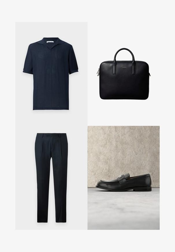 Samsøe Samsøe SATRAVIS POLO - Pikeepaita - salute; Mustat räätälöidyt housut, jotka on valmistettu sileästä kankaasta, ja joissa on slim fit -muotoilu, kaksi etupleippaa ja litteä vyötärö ilman näkyvää varustusta.; Musta nahkainen loafer metallimerkkilevyllä, joka lepää ruskean pyöreän pöydän lähellä beigen maton päällä.; Musta nahkainen salkku, jossa on kaksi kahvaa, suorakaiteen muotoinen ja hopeanväriset vetoketjun vetimet, keskellä pieni kohokuvioitu logo.