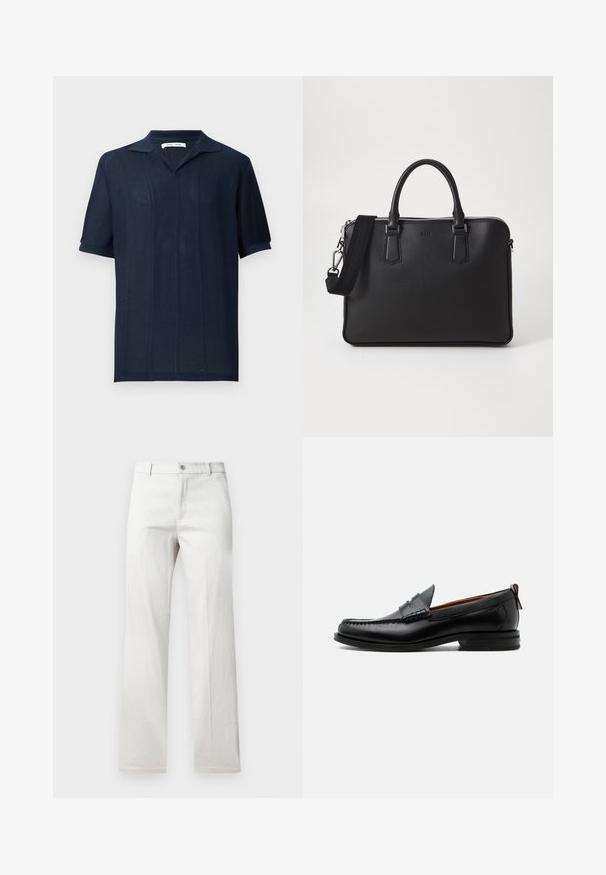 Samsøe Samsøe SATRAVIS POLO - Polo - salute; Pantalon gris clair avec une coupe droite, fabriqué dans un tissu lisse, doté d'une fermeture à bouton à l'avant et de poches latérales.; Mocassin homme en cuir noir avec couture moc toe, bride penny, col texturé et petit talon empilé sur fond blanc.; Sac en cuir noir avec surface texturée, deux poignées et une bandoulière amovible. Il présente des fermetures éclair en argent et des éléments de design minimalistes.