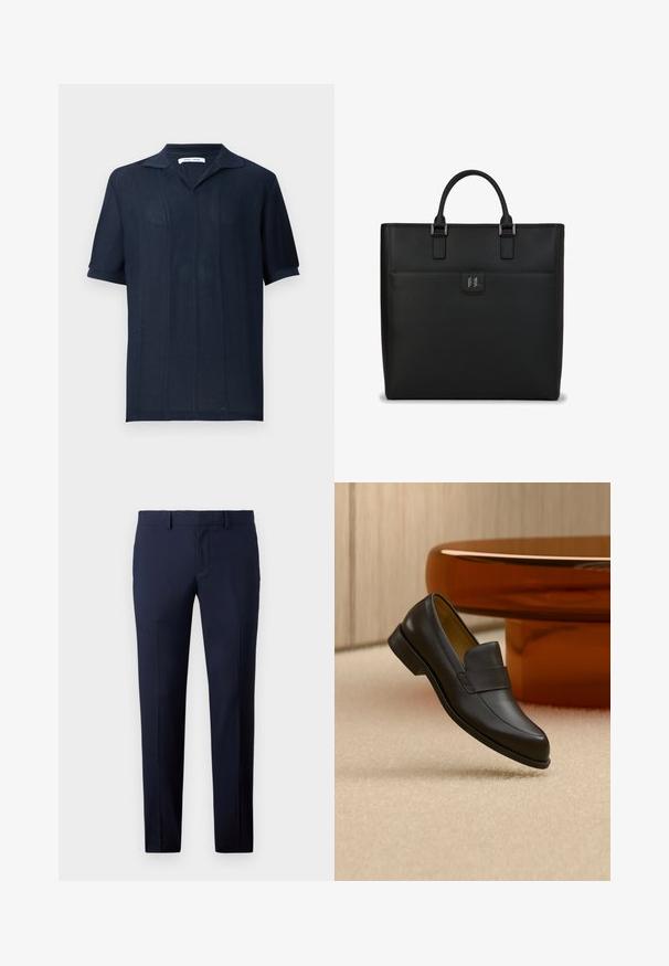 Samsøe Samsøe SATRAVIS POLO - Polo - salute; Pantalones ajustados de color azul marino con corte entallado, piernas rectas, textura suave y presillas para cinturón, adecuados para vestimenta formal o de negocios.; Zapato mocasín de cuero negro con tacón bajo flotando sobre suelo alfombrado beige cerca de una mesa redonda marrón.; Bolso tote de cuero negro con forma rectangular estructurada, asas dobles en la parte superior, detalles en plata y un bolsillo frontal con un logo.