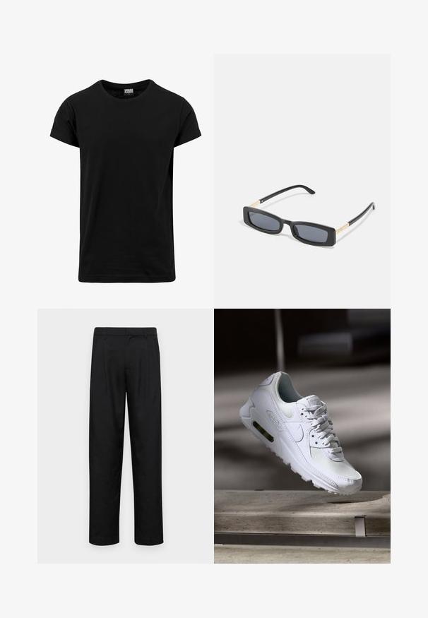 Must must shirt, mis on valmistatud puuvillast, klassikalise ümara kaelusega, lühikeste rullitud varrukatega ja sirge äärega. Lihtne, ühes toonis disain, ilma mustriteta.; Mustad mustadest riietest, millel on sirge jalgade disain, kaks eesmist voltimist ja tavaline vöökoht, millel on vöökohad.; Valged Nike Air Max 90 sneakers, millel on võrkkangast ja nahast ülemine osa, aukudega varbadosa ning nähtav õhuüksus kandades.; Kandilised mustad prillid tumedate läätsedega. Kitsad, lamedad käed, millel on kuldne aksent. Sile plastikraam mati viimistlusega.