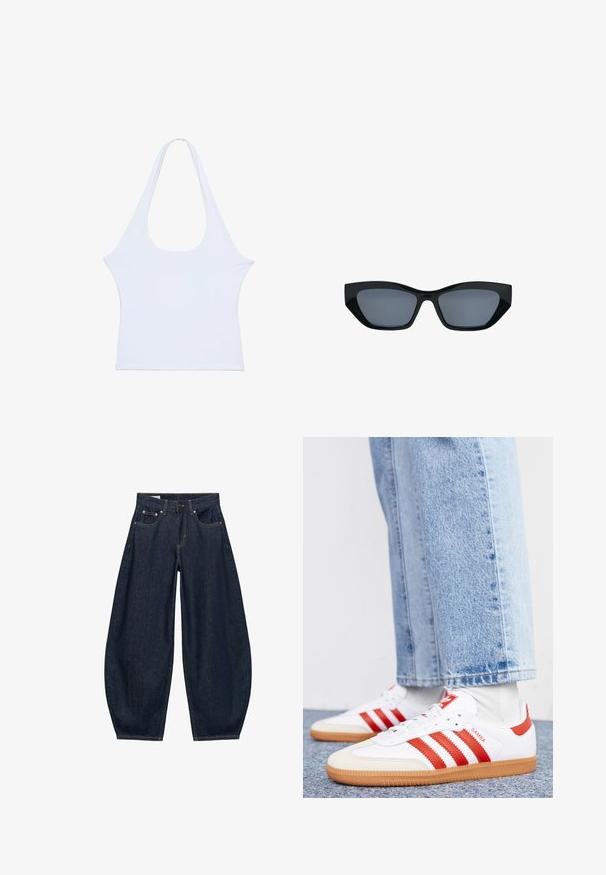 Haut sans manches blanc en tissu doux avec un large décolleté et des emmanchures allongées, présentant une texture lisse et un design minimaliste.; Jean en denim bleu foncé à jambes larges avec poches avant, passants de ceinture et fermeture par bouton à la taille.; Baskets en cuir blanc avec des rayures et des accents rouges. Dotées d'une semelle extérieure en gomme texturée et d'un col rembourré. Portées avec un jean en denim bleu clair.; Lunettes de soleil noires style œil de chat avec des montures épaisses et des verres teintés foncés, présentées sur fond blanc.
