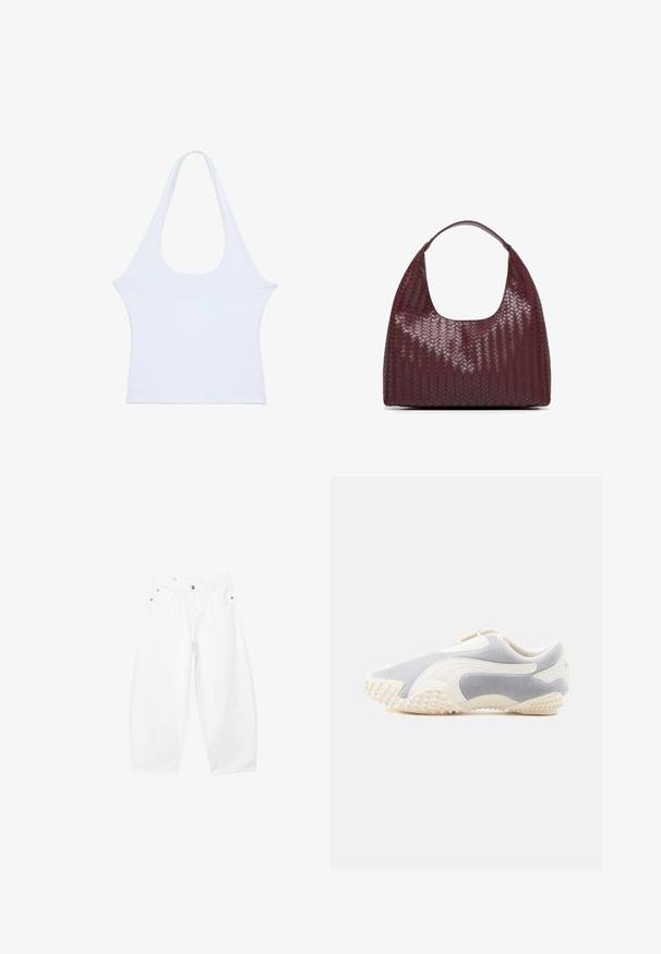 Haut sans manches blanc en tissu doux avec un large décolleté et des emmanchures allongées, présentant une texture lisse et un design minimaliste.; Jean blanc à jambes larges avec boutons et fermeture éclair à l'avant, passants pour ceinture, poches latérales et avant, présenté sur un fond uni.; Baskets en daim gris clair avec des accents en cuir blanc. Dotées d'une semelle texturée avec de petites pointes pour une meilleure adhérence. Conception à enfiler.; Sac à main en cuir bordeaux foncé avec texture tissée et une seule bandoulière courbée sur fond blanc.