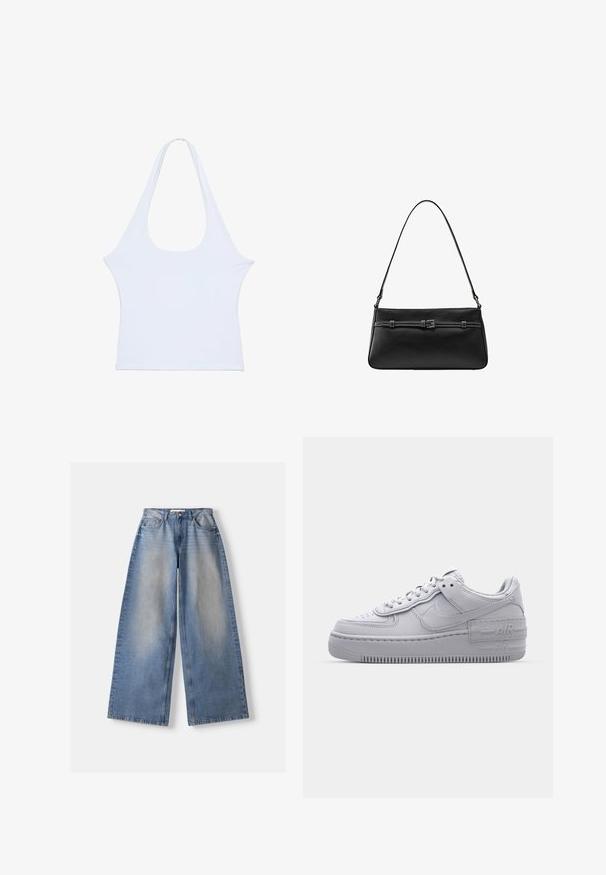 Haut sans manches blanc en tissu doux avec un large décolleté et des emmanchures allongées, présentant une texture lisse et un design minimaliste.; Jean bleu clair à jambes larges avec un devant délavé, style cinq poches, fermeture par bouton et fermeture éclair, posé à plat sur fond blanc.; Basket en cuir lisse gris Nike Air Force 1 avec un bout perforé, une semelle épaisse et un détail 'AIR' en relief sur le talon.; Sac à bandoulière en cuir noir avec une fine sangle réglable et un détail ceinture décoratif à l’avant.