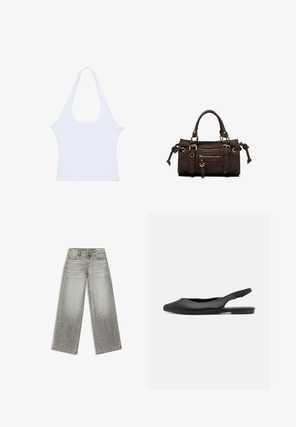 Haut sans manches blanc en tissu doux avec un large décolleté et des emmanchures allongées, présentant une texture lisse et un design minimaliste.; Jean gris à jambes larges avec poches avant, passants de ceinture et fermeture par bouton, posé à plat sur fond blanc.; Chaussure à talon slingback en cuir noir avec un bout pointu, un talon plat et un design découpé incurvé. Texture lisse et style minimaliste.; Sac à main en cuir marron foncé avec double poignée, poche avant zippée, boucles décoratives et nœuds latéraux sur fond blanc.