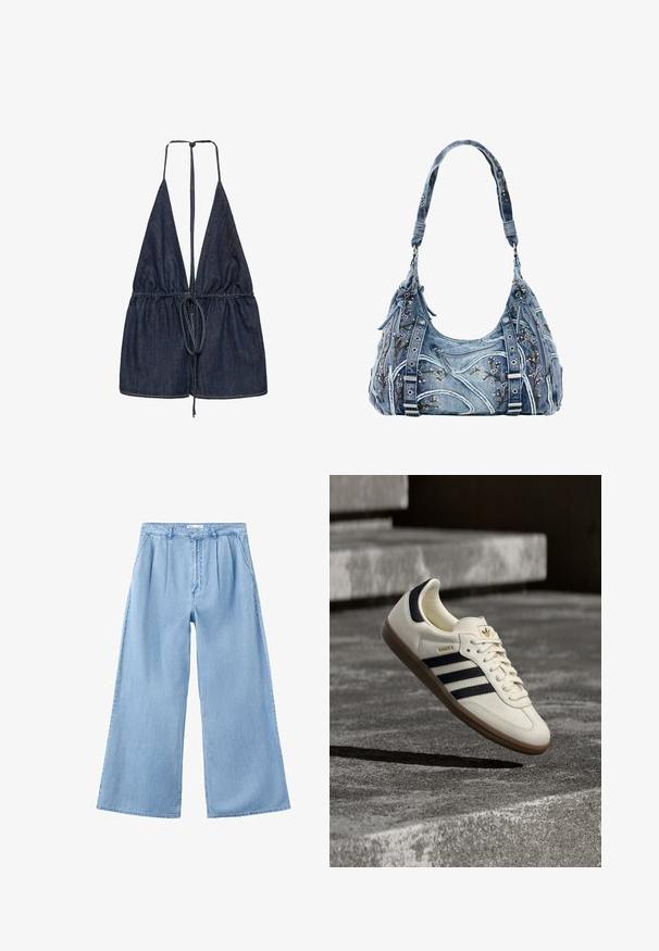 Jeans-overdel med en dyb V-udskæring og justerbare bånd. Har samlet stof ved taljen med en indsnævret design, i en mørkeblå nuance.; Lyseblå denimbukser med vide ben, frontplisser, sidelommer og en linning med bæltestropper.; Hvid Adidas Samba sneaker med sorte striber og gummsål, svævende over teksturerede grå betonstrin.; Denimhåndtaske med blomsterbroderi, buet form, robust skulderrem og detaljer i sølvfarvet metal. Har lynlåslommer foran.