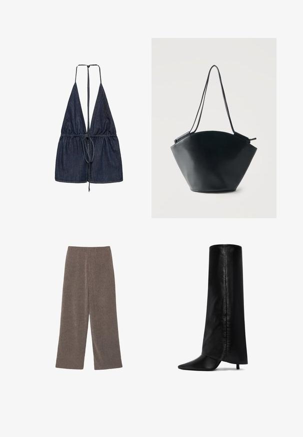 Jeans-overdel med en dyb V-udskæring og justerbare bånd. Har samlet stof ved taljen med en indsnævret design, i en mørkeblå nuance.; Brune strikkede bukser med vide ben, høj talje og lige snit, lagt fladt på en hvid baggrund.; Sorte læderknæhøje støvler med spids tå og en skulpturel, bred skafter. Har en glat, mat overflade og en lille hæl.; Sort læder bucket taske med bred afrundet bund og smalle dobbelte skulderstropper mod en ensartet lys baggrund.