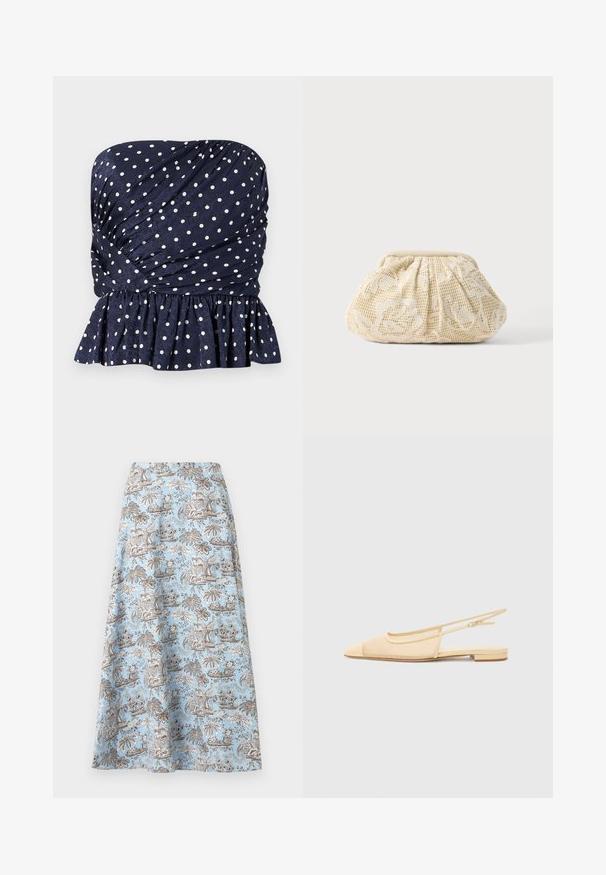 Haut bustier bleu marine à pois blancs, avec tissu froncé et ourlet volanté à la taille.; Jupe trapèze bleu clair avec imprimé tropical de palmiers et de fleurs marron et blanc, longueur genou, avec une ceinture lisse.; Chaussure plate slingback en beige clair avec une tige en maille, un bout pointu et un petit talon. Dotée d'une sangle ajustable pour un bon maintien.; Pochette en tissu couleur crème avec superposition de dentelle florale et fermeture supérieure froncée sur fond clair uni.
