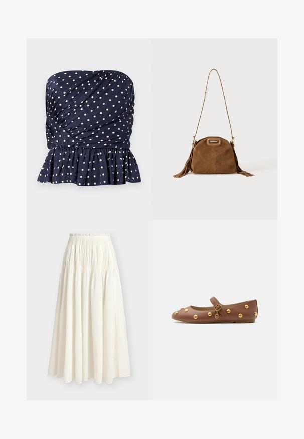 Haut bustier bleu marine à pois blancs, avec tissu froncé et ourlet volanté à la taille.; Jupe blanche longueur cheville avec taille élastique froncée et tissu plissé fluide pour une coupe ample et aérienne.; Ballerine Mary Jane en cuir marron à semelle plate, clous dorés, bride réglable avec boucle et petit charm rond en métal sur le côté.; Sac à épaule en daim marron avec une longue bandoulière, une découpe rectangulaire de la poignée et des détails à pompons sur les côtés sur fond blanc.