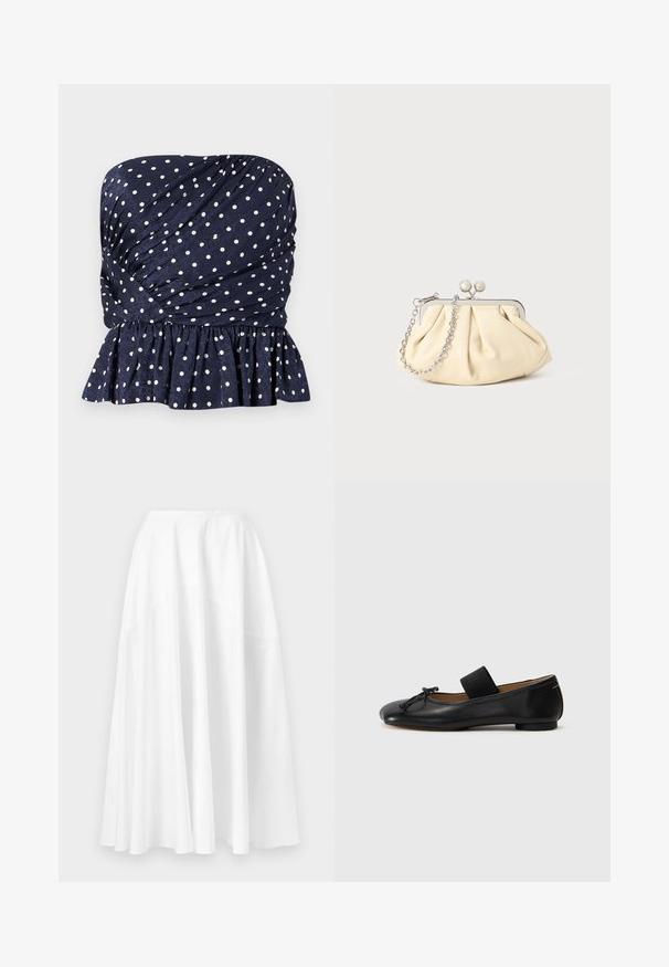 Haut bustier bleu marine à pois blancs, avec tissu froncé et ourlet volanté à la taille.; Longue jupe blanche à taille haute avec un ourlet large et ample, présentée sur un fond uni.; Ballerines en cuir noir avec un bout arrondi, un petit nœud décoratif et une lanière élastique sur le cou-de-pied pour un maintien sécurisé. Semelle plate.; Pochette en cuir beige plissé avec un cadre en métal argenté, dotée de deux fermoirs ronds décoratifs et d'une chaîne en argent.