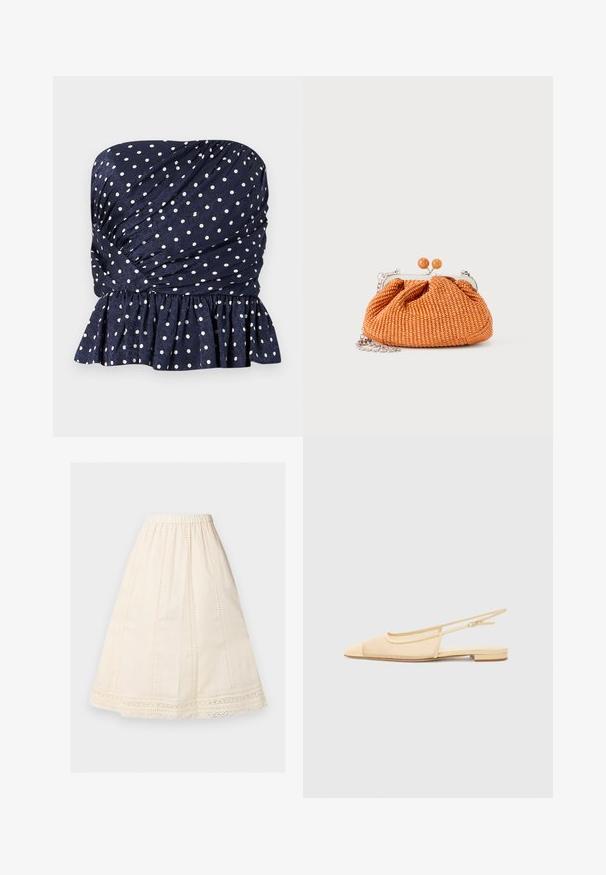 Haut bustier bleu marine à pois blancs, avec tissu froncé et ourlet volanté à la taille.; Jupe midi couleur crème, coupe trapèze, taille élastique, panneaux à points d'œillet verticaux, et bordure en dentelle le long de l'ourlet.; Chaussure plate slingback en beige clair avec une tige en maille, un bout pointu et un petit talon. Dotée d'une sangle ajustable pour un bon maintien.; Petit sac pochette tissé orange avec cadre en métal argenté, fermoir rond et bandoulière chaîne argentée sur fond blanc.