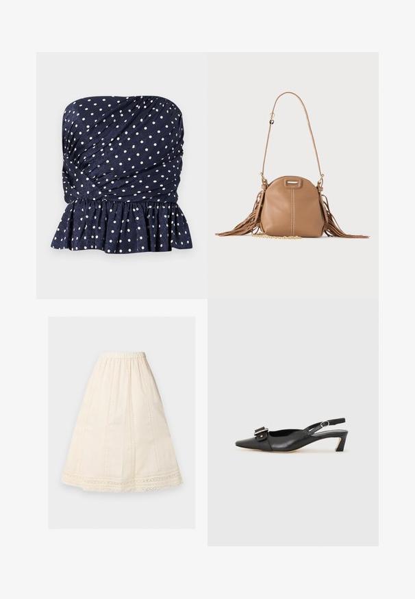Haut bustier bleu marine à pois blancs, avec tissu froncé et ourlet volanté à la taille.; Jupe midi couleur crème, coupe trapèze, taille élastique, panneaux à points d'œillet verticaux, et bordure en dentelle le long de l'ourlet.; Chaussure slingback en cuir noir avec un bout pointu, un petit talon et un détail de boucle décoratif sur le dessus. Texture lisse, design minimaliste.; Petit sac à bandoulière en cuir fauve avec longue bandoulière, détail chaîne dorée et franges des deux côtés sur un fond neutre.