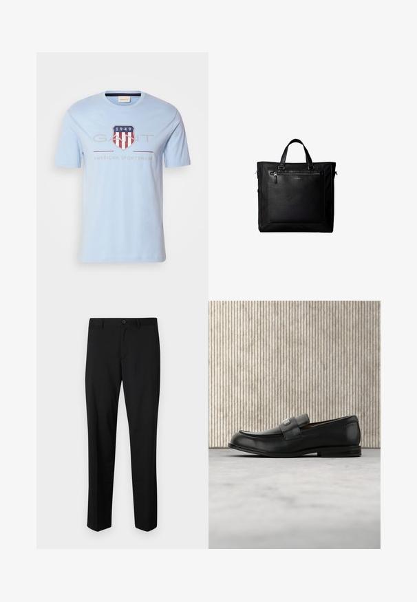 Γαλάζιο βαμβακερό t-shirt με λογότυπο ασπίδας που έχει κόκκινες και λευκές ρίγες, το "1949", και το κείμενο "GANT AMERICAN SPORTSWEAR." Κοντά μανίκια.; Μαύρο tailored παντελόνι με επίπεδο μπροστινό μέρος, κανονική μέση και ίσια πόδια. Φτιαγμένο από λείο ύφασμα, με κλείσιμο με έναν μόνο κουμπί.; Μαύρο δερμάτινο μοκασίνι με μεταλλική πλάκα μάρκας που ακουμπά δίπλα σε καφέ στρογγυλό τραπέζι πάνω σε μπεζ χαλί.; Μαύρη τσάντα ώμου με διπλές χειρολαβές, μεγάλη μπροστινή δερμάτινη τσέπη με φερμουάρ και διακριτικό λογότυπο Calvin Klein στο κέντρο της τσέπης.