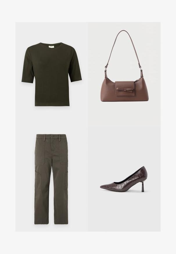 Camiseta de manga corta verde oscuro con cuello redondo, hecha de una tela suave, que presenta un diseño simple y de corte recto.; Good American CROPPED PANTS - Pantalones cargo - fatigue; Tacones puntiagudos de cuero sintético marrón con textura de cocodrilo, con un tacón delgado y angular y un forro interior suave.; Bolso bandolera de cuero marrón con un bolsillo frontal de solapa que presenta un detalle de moño cosido y una correa ajustable.