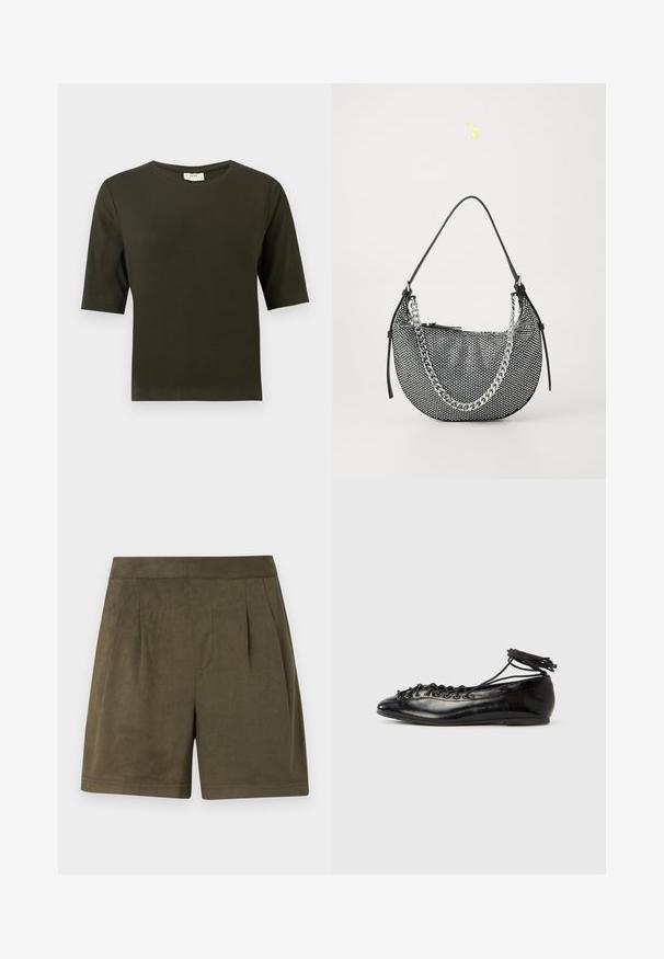 T-shirt à manches courtes vert foncé avec un col rond, fabriqué dans un tissu doux, présentant un design simple et droit.; Shorts vert olive foncé en matériau doux semblable au daim, avec un design plissé, une coupe mi-longue et une taille propre et structurée.; Ballerines en cuir verni noir avec un bout rond, un design à lacets et une semelle plate. Texture lisse avec peu de détails.; Sac à main en mesh noir de forme croissant, avec une bandoulière en chaîne argentée et des accents en cuir noir. Surface texturée avec une fermeture éclair.
