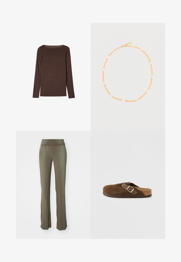 Camiseta marrón de manga larga con cuello redondo, diseño simple y ajustado, sin patrones ni logotipos visibles.; Pantalones acampanados de color verde oliva, confeccionados con una tela suave y elástica. Cuentan con una cintura ancha y una textura suave, sin patrones ni acentos visibles.; Zapato de ante marrón sin cordones con punta redondeada, una correa con hebilla única y una plantilla de corcho marrón claro texturizada. Suela de goma para mejor agarre.; Collar de cadena dorada con piedras rectangulares claras espaciadas uniformemente sobre un fondo neutro claro, con el cierre visible en la parte superior.