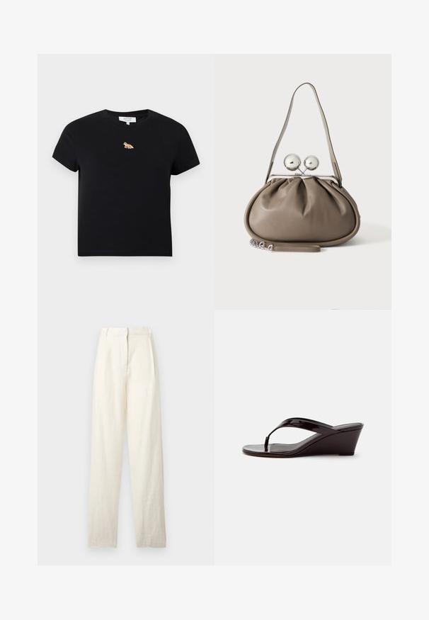 Μαύρο cropped t-shirt με κοντά μανίκια και μικρό κεντητό πορτοκαλί λογότυπο αλεπούς κεντραρισμένο κάτω από το στρογγυλό ντεκολτέ.; Παντελόνια από λινό σε κρεμ απόχρωση με ψηλή μέση, φαρδιά γραμμή και κρυφό μπροστινό κούμπωμα, εκτεθειμένα σε φωτεινό φόντο.; Καφέ δερμάτινο σανδάλι με πλατφόρμα και λουρί μεταξύ δακτύλων, με ανοιχτά δάκτυλα, εμφανίζεται σε πλάγια όψη σε απλό φόντο.; Γκρι δερμάτινη τσάντα με στρογγυλεμένο σχήμα, επάνω κούμπωμα με δύο μεγάλες ασημένιες σφαίρες και μία λαβή με έναν ιμάντα.