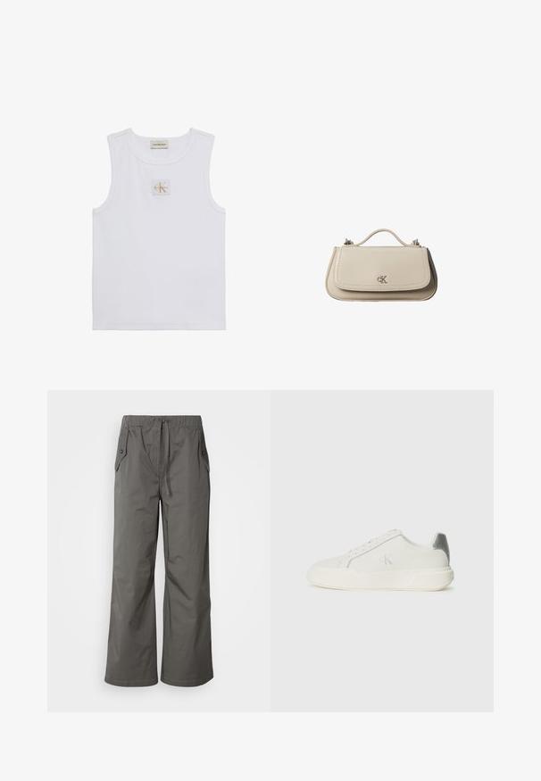 Débardeur blanc sans manches avec étiquette Calvin Klein Jeans sur la poitrine et une étiquette près de l'encolure sur fond blanc uni.; Pantalons gris à jambes larges en tissu léger, dotés d'une taille élastique, d'un cordon de serrage et de deux poches latérales avec des accents en bouton.; Baskets blanches en cuir avec une texture lisse, présentant un accent argenté sur le talon, une semelle plate et un design minimaliste.; Petit sac à main en cuir beige avec poignée supérieure et logo CK argenté sur le rabat avant, présenté sur fond blanc.