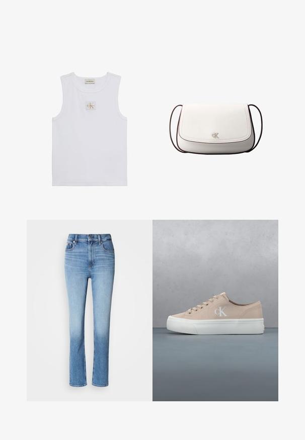 Débardeur blanc sans manches avec étiquette Calvin Klein Jeans sur la poitrine et une étiquette près de l'encolure sur fond blanc uni.; Jean en denim bleu avec taille haute, coupe droite, dégradé de couleur usé et style cinq poches. Fermeture à bouton en métal et zip.; Baskets en toile beige clair avec une semelle en caoutchouc blanche, dotées de lacets et d'un petit logo sur le côté. Surface texturée et design minimaliste.; Sac bandoulière blanc avec fermeture à rabat, petit logo "cK" argenté centré, et fine sangle réglable marron foncé.