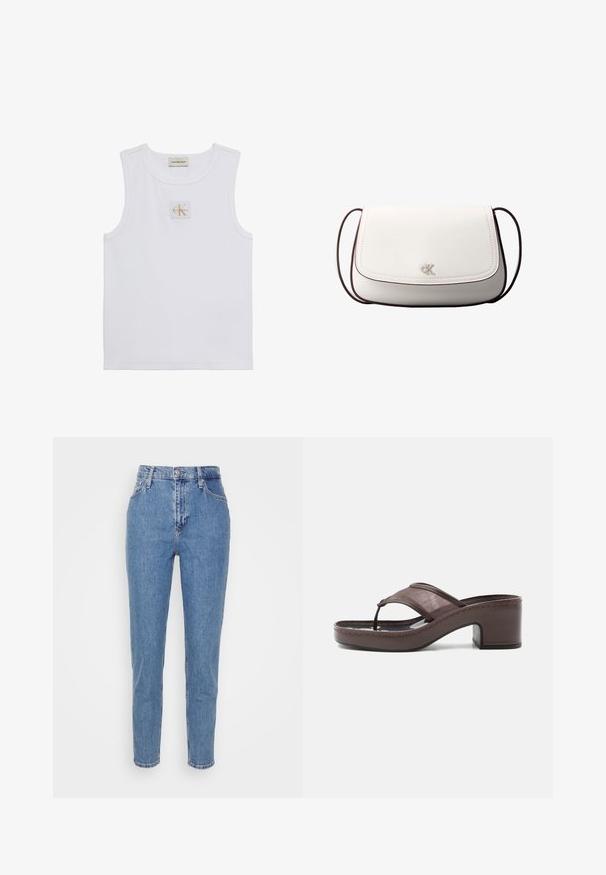 Hvid ærmeløs tanktop med Calvin Klein Jeans-label på brystet og en label nær halsudskæringen på en ensfarvet hvid baggrund.; Blå højtaljede lige jeans med frontknap og lynlås, bæltestropper og lommer, præsenteret på en ensfarvet hvid baggrund.; Brun sandal med hæl med mesh-rem og tæst design, med blokhæl og syet sål, vist i profil mod hvid baggrund.; Hvid skuldertaske med klaplukning, lille sølv "cK" logo i midten og tynd, justerbar, mørkebrun rem.