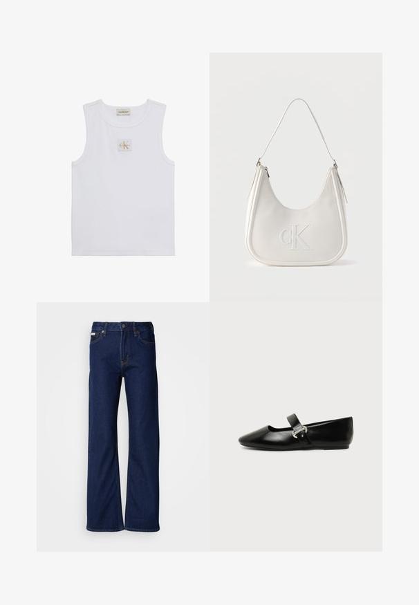 Hvid ærmeløs tanktop med Calvin Klein Jeans-label på brystet og en label nær halsudskæringen på en ensfarvet hvid baggrund.; Mørkeblå denimjeans med vidbenet design, lige snit, fem lommer og lynlås foran. Syning detaljer langs sømmerne.; Sort læder Mary Jane-flad sko med rundet tå og sølvspænde på ensfarvet baggrund.; Hvid skuldertaske i læder med lynlås, buet form og forhøjet CK-logo prægget på forsiden.