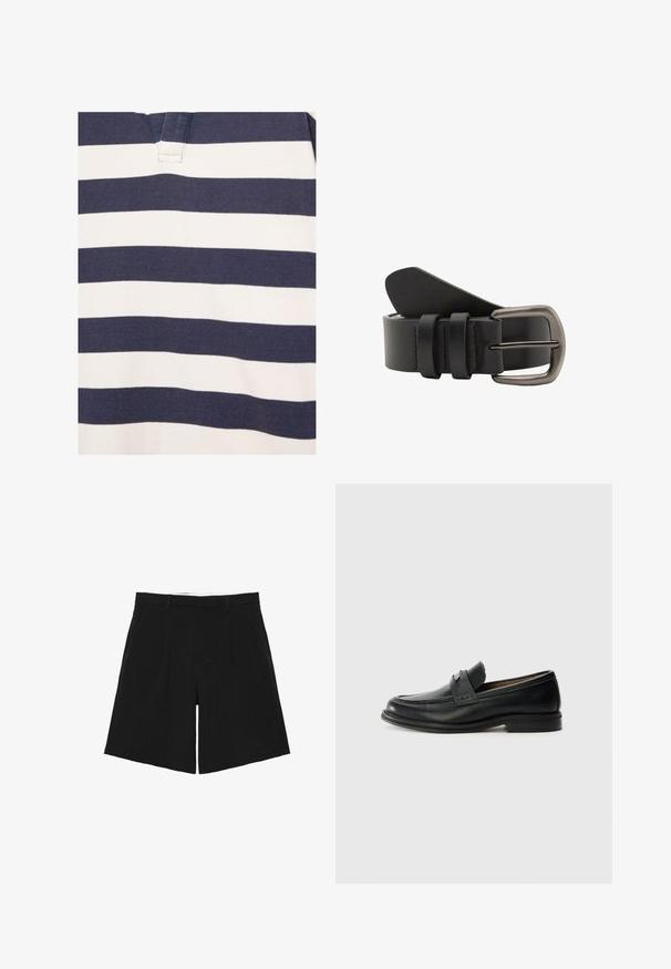Chemise avec des rayures horizontales bleu marine et blanc, avec un col en V court présentant des détails cousus.; Short noir sur mesure avec passants de ceinture, plis devant et poches latérales, posé à plat sur un fond blanc.; Mocassins en cuir noir avec une finition lisse, dotés d'une bande supérieure texturée, d'un talon bas et de détails de couture minimalistes.; Ceinture en cuir noir avec une texture lisse, une boucle métallique et trois passants pour un ajustement sécurisé.