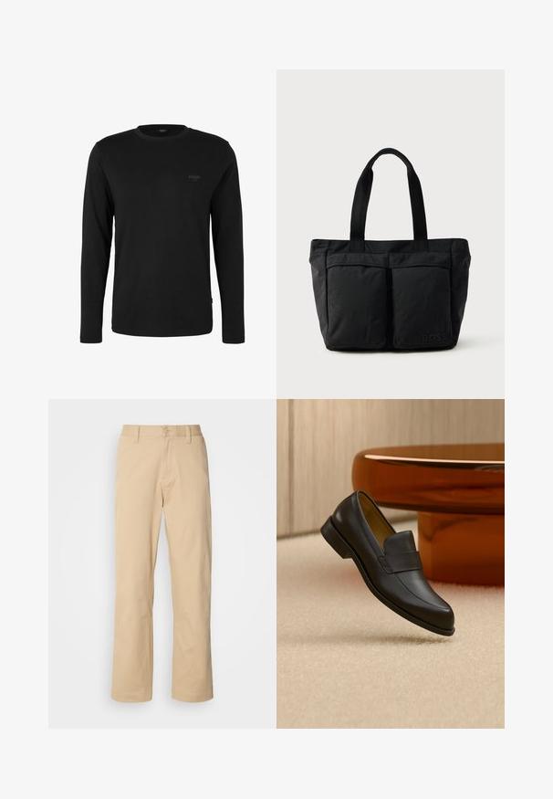 Zwart shirt met lange mouwen en ronde hals met klein "JOOP! JEANS" logo op de linkerborst, weergegeven op een effen witte achtergrond.; HUGO ZAYN - Broek - medium beige; Zwarte leren loafer met lage hak zwevend boven een beige tapijt dichtbij een ronde bruine tafel.; Zwarte tote bag met een zachte stoffen constructie, twee voorvakken en stevige handvatten. Logo aan de zijkant weergegeven. Eenvoudig, functioneel ontwerp.