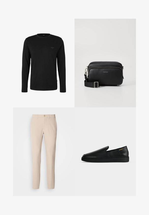 Zwart shirt met lange mouwen en ronde hals met klein "JOOP! JEANS" logo op de linkerborst, weergegeven op een effen witte achtergrond.; Beige broek van zachte stof, met knoopsluiting, rechte snit en zijzakken. Glad oppervlak met minimale stikdetails.; Enkele zwarte leren instapschoen met dikke zool en goudkleurige "HUGO"-branding nabij de hiel op een effen lichtgrijze achtergrond.; Zwarte leren schoudertas met twee ritscompartimenten, gestructureerd afwerking, verstelbare schouderband en zilveren hardware-accenten. Calvin Klein-logo zichtbaar.