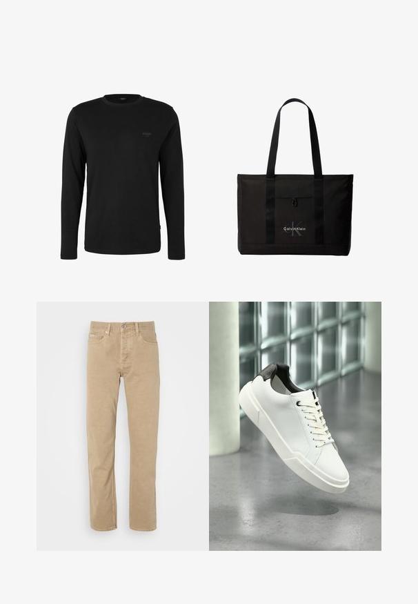 Must pikkade varrukatega t-särk ümmarguse kaelusega, vasakul rinnal väike "JOOP! JEANS" logo, esitatud valgel taustal.; Beige puuvillased püksid otse lõikega, millel on ees taskud, nööbikinnitus ja peened õmblused õmbluste ääres.; Valge madala profiliga toss musta tekstuuriga kontsafiksaatori, valgete paelte ja paksu taldaga, mis seisab poleeritud betoonpõrandal klaasblokite lähedal.; Must Calvin Kleini kandekott kahe pika sangaga ja esikotiga, brändi valge ja halli logoga.