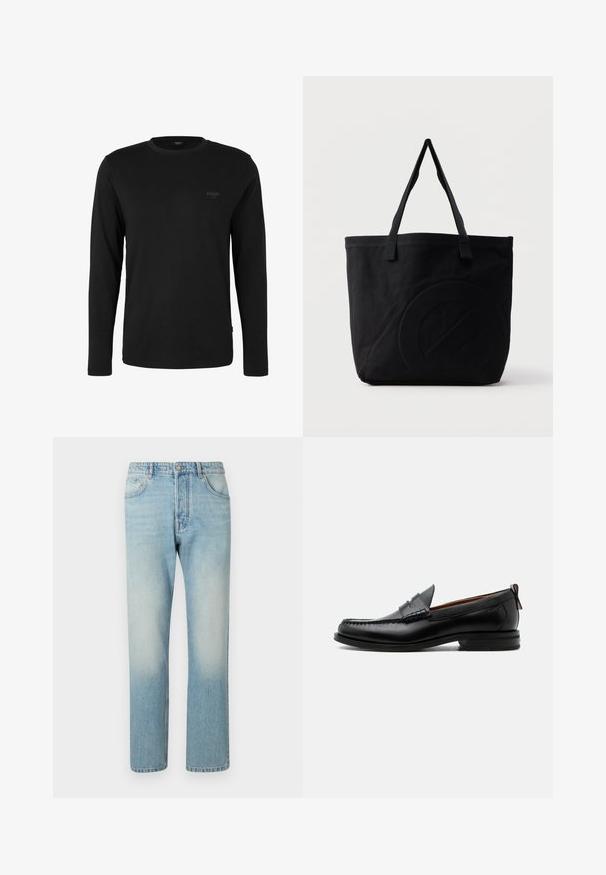 Zwart shirt met lange mouwen en ronde hals met klein "JOOP! JEANS" logo op de linkerborst, weergegeven op een effen witte achtergrond.; Lichtblauwe jeans van denim, met een rechte pijpdesign, vijf zakken en een vervaagde was-effect op de dijen.; Zwarte leren herensloffen met moc toe stiksel, pennyriem, gestructureerde kraag en lage gestapelde hak op witte achtergrond.; Zwarte canvas tas met twee schouderbanden en een subtiel, ingebosseleerd cirkelvormig ontwerp aan de voorkant.