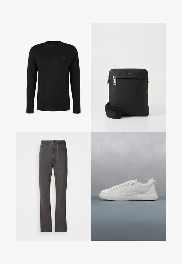 T-shirt noir à manches longues et col rond avec un petit logo "JOOP! JEANS" sur la poitrine gauche, présenté sur un fond blanc uni.; Jeans en denim gris avec une coupe droite, dotés de poches avant, d'une fermeture à bouton et d'une texture subtile.; Sneaker blanche avec une finition en cuir lisse, bout rond, quatre œillets, perforations subtiles et un détail de logo rouge sur le côté.; Sac bandoulière en cuir noir avec un design plat, surface texturée, fermeture éclair, poche avant et une sangle en tissu ajustable.