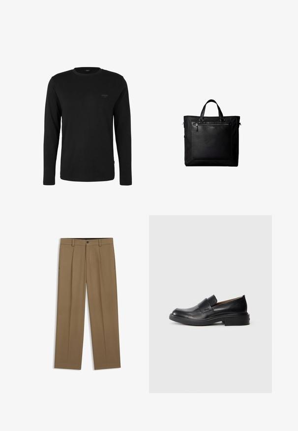T-shirt noir à manches longues et col rond avec un petit logo "JOOP! JEANS" sur la poitrine gauche, présenté sur un fond blanc uni.; Pantalon droit marron avec passants de ceinture, bouton sur le devant et fermeture éclair, présenté à plat sur fond blanc.; Chaussure habillée noire en cuir, à enfiler, avec un petit talon et un logo Calvin Klein discret sur le côté, présentée de profil sur un fond blanc.; Sac cabas noir avec doubles poignées, grande poche avant en cuir avec fermeture éclair et logo discret Calvin Klein au centre de la poche.