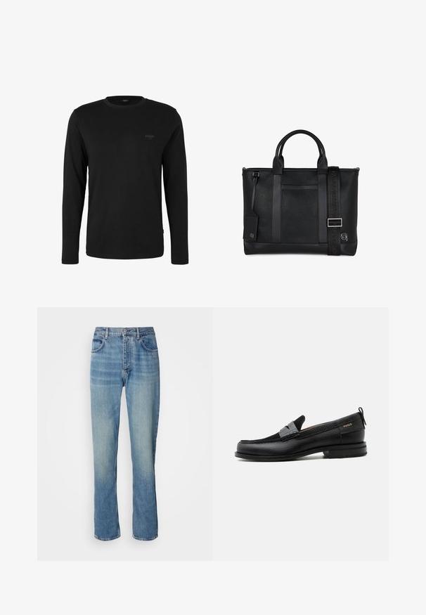 Zwart shirt met lange mouwen en ronde hals met klein "JOOP! JEANS" logo op de linkerborst, weergegeven op een effen witte achtergrond.; Lichtblauwe rechte spijkerbroek met een hoge taille, een frontknop, ritssluiting en een vijf-pocket ontwerp.; Zwarte leren loafer met grijs riemdetailelement, lage hak en gestructureerde zool, aan de zijkant gebrandmerkt met "HUGO" in goud.; Zwarte lederen totebag met een geperforeerde textuur, dubbele handgrepen, een voorvak en een verstelbare schouderband met een reliëflogo. Glad accent.