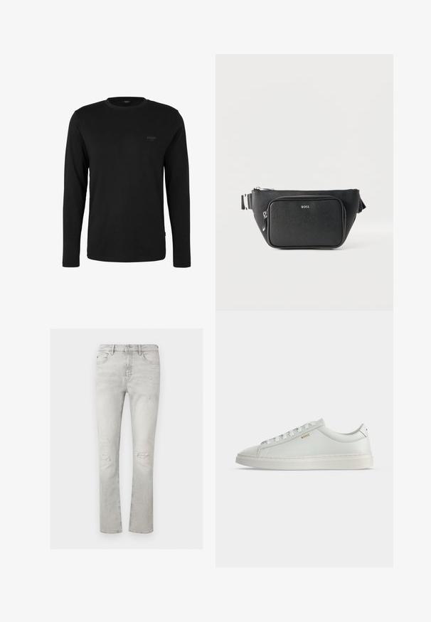 Zwart shirt met lange mouwen en ronde hals met klein "JOOP! JEANS" logo op de linkerborst, weergegeven op een effen witte achtergrond.; Lichtgrijze slim-fit jeans met slijtage aan beide knieën, vijfzakkenontwerp en knoop- met ritssluiting.; Witte lage leren sneaker met veters, platte zool en klein gouden "BOSS" logo aan de zijkant, gezien vanaf de buitenkant.; Zwarte getextureerde leren heuptas met voorvak met ritssluiting en zilverkleurig "BOSS"-logo, verstelbare riem en hoofdvak met ritssluiting.