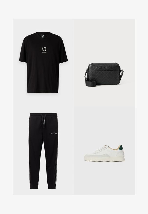 T-shirt en coton noir à manches courtes, col rond, avec un petit logo blanc "A|X" centré sur la poitrine.; Pantalons de survêtement noirs en mélange de coton, avec une taille côtelée, des bandes latérales blanches et un logo brodé sur la cuisse avant gauche.; Baskets blanches avec des accents en daim, bout arrondi, lacets plats et semelle en caoutchouc crème. Présente une marque verte sur le talon.; Sac bandoulière noir texturé avec motif géométrique en relief et bandoulière réglable avec logo de la marque.