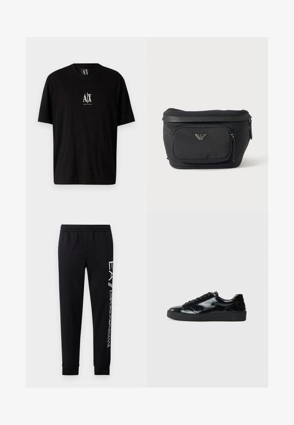Zwarte katoenen t-shirt met korte mouwen, ronde halslijn en een klein wit logo "A|X" gecentreerd op de borst.; Zwarte sweatpants van een katoenmix, met een elastische tailleband, taps toelopende benen, ribgebreide boorden en een wit logo-opdruk langs de zijkant.; Zwarte gepatenteerde leren sneakers met een ronde neus, vetersluiting, een gestructureerde rubberen zool en een glanzende afwerking.; Zwarte heuptas met voorvak met rits en zilveren adelaarlogo, gladde stof met gestructureerde afwerking en ritstrekker.