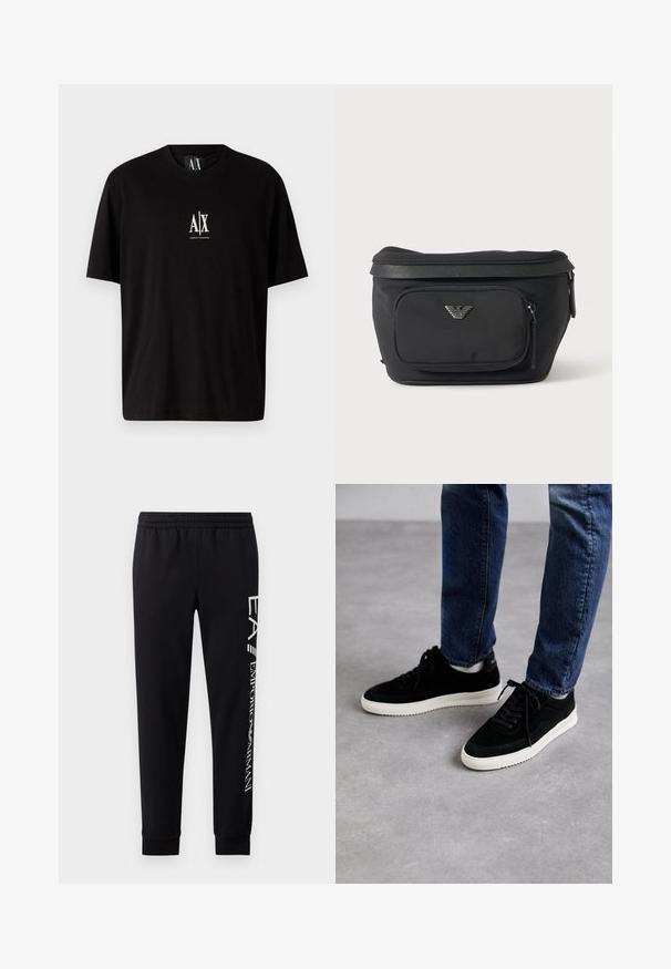 T-shirt en coton noir à manches courtes, col rond, avec un petit logo blanc "A|X" centré sur la poitrine.; Pantalons de survêtement noirs en mélange de coton, dotés d'une taille élastique, de jambes fuselées, de poignets côtelés et d'un imprimé logo blanc sur le côté.; Des baskets en suède noir avec une semelle en caoutchouc blanc, présentant un design classique à talon bas, un bout rond et des lacets plats noirs.; Sac banane noir avec poche avant zippée et logo aigle argenté, tissu lisse avec bordure texturée et tirettes de fermeture éclair.