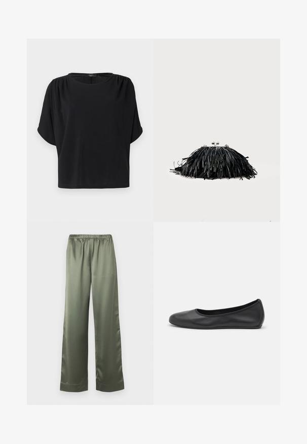 Haut noir à manches courtes avec une coupe décontractée, un col rond et des détails froncés aux épaules, confectionné dans un tissu doux et léger.; Pantalon ample en satin vert olive avec une taille élastique et des jambes larges et droites.; Ballerines en cuir noir avec un bout rond, texture lisse, détails de couture minimalistes et design de semelle flexible.; Pochette noire à franges avec fermoir argenté et chaîne, sur un fond clair uni.
