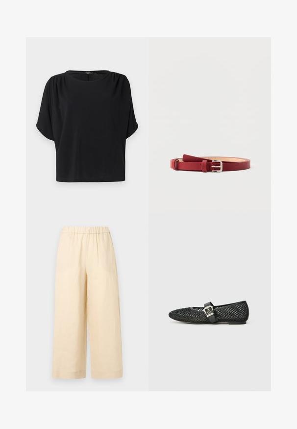 Haut noir à manches courtes avec une coupe décontractée, un col rond et des détails froncés aux épaules, confectionné dans un tissu doux et léger.; Pantalon beige à jambes larges avec taille élastique et sans poches visibles, présenté sur un fond clair uni.; Ballerines à bout pointu en résille noire, dotées d'un talon plat et d'une bride à boucle autour de la cheville ; surface texturée avec un motif tissé.; Ceinture en cuir rouge avec boucle rectangulaire argentée, extrémité en boucle et texture lisse, présentée enroulée à plat sur fond blanc.