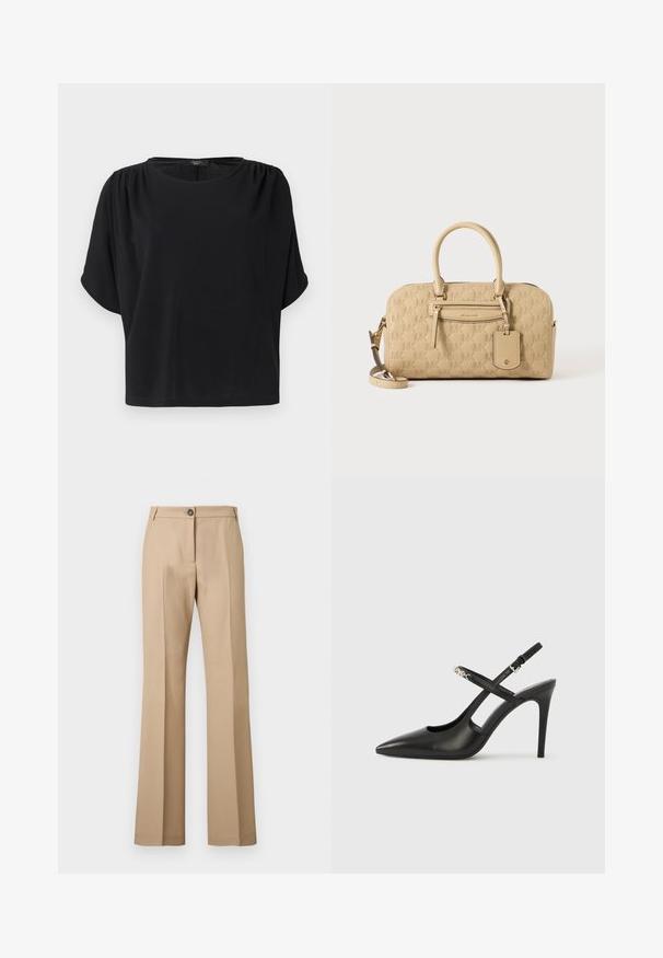 Haut noir à manches courtes avec une coupe décontractée, un col rond et des détails froncés aux épaules, confectionné dans un tissu doux et léger.; Pantalon beige à jambe droite avec pli avant, fermeture par bouton et passants pour ceinture, présenté sur un fond uni.; Escarpins slingback en cuir noir avec bout pointu, design ajouré et bride ajustable ornée de ferrures métalliques.; Sac à main beige Michael Kors avec motif MK embossé, doubles poignées, poche avant zippée et bandoulière amovible sur fond blanc.