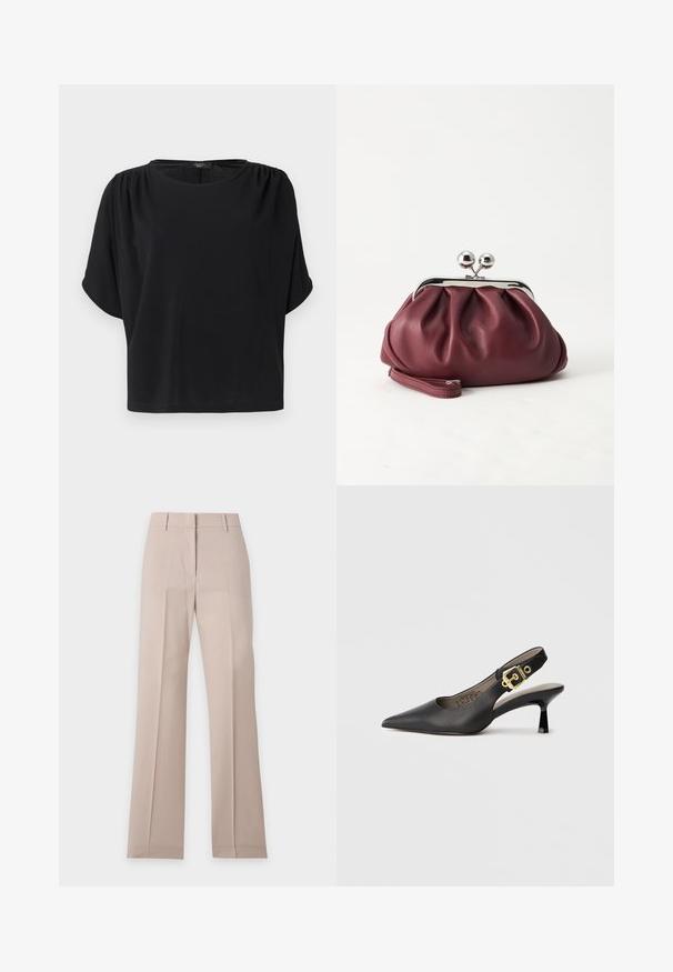 Haut noir à manches courtes avec une coupe décontractée, un col rond et des détails froncés aux épaules, confectionné dans un tissu doux et léger.; Pantalon beige à jambes droites avec passants de ceinture et pli devant, présenté à plat sur fond blanc.; Chaussure à talon haut noire à bride arrière, avec un bout pointu, une texture en cuir lisse et une accent de boucle dorée sur la bride.; Petit sac pochette en cuir bordeaux avec fermoir métallique argenté et bracelet sur fond blanc.