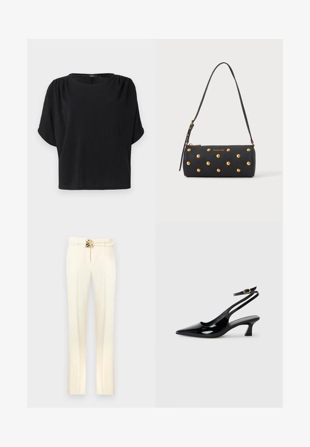 Haut noir à manches courtes avec une coupe décontractée, un col rond et des détails froncés aux épaules, confectionné dans un tissu doux et léger.; Pantalon sur mesure de couleur crème avec une taille ceinturée ornée de détails en métal doré, jambes droites, et une texture lisse et douce.; Escarpins à brides arrière en cuir verni noir, à bout pointu, avec un petit talon carré et une sangle de cheville ajustable dotée d'une boucle dorée.; Sac à main cylindrique noir avec des clous dorés et une bandoulière réglable, avec le logo "Michael Kors" en doré sur le devant.