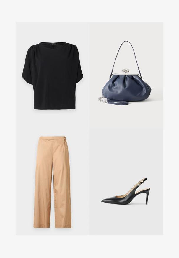Haut noir à manches courtes avec une coupe décontractée, un col rond et des détails froncés aux épaules, confectionné dans un tissu doux et léger.; Pantalon beige à jambes larges avec une taille haute, un devant plat et un ourlet droit, présenté sur un fond gris clair uni.; Escarpins en cuir noir avec une pointe fine, une bride ajustable et un talon aiguille élégant, présentant une finition lisse.; Sac à main en cuir bleu marine doux avec fermeture à boucle argentée, une seule bandoulière, et une chaîne de poignet amovible sur fond blanc.