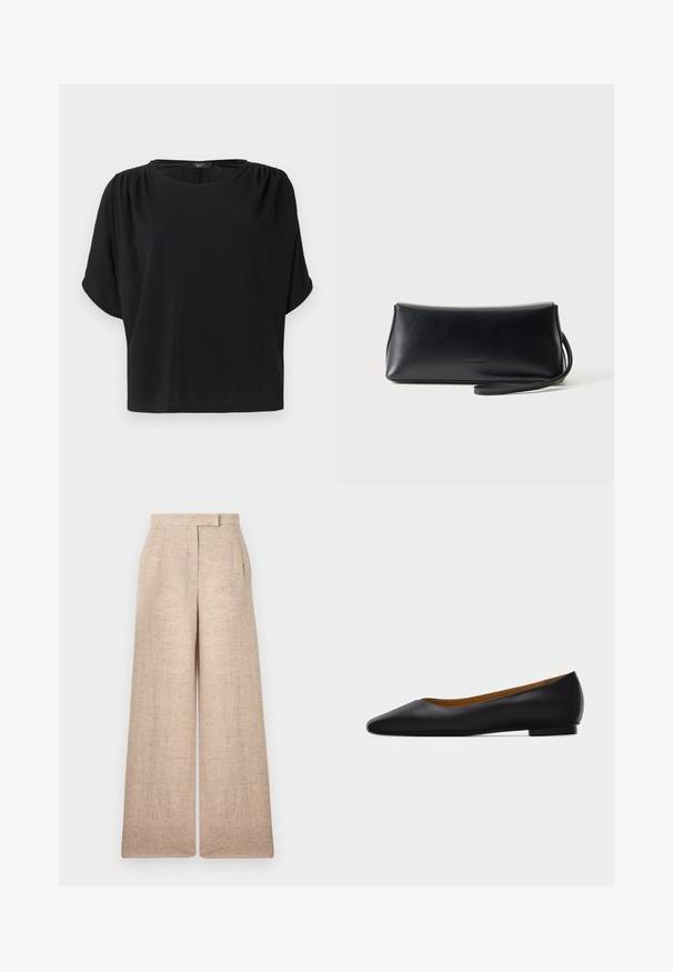 Haut noir à manches courtes avec une coupe décontractée, un col rond et des détails froncés aux épaules, confectionné dans un tissu doux et léger.; Pantalon beige à jambes larges avec une taille haute, des plis subtils à l'avant et une fermeture avant dissimulée.; Chaussure plate en cuir noir à bout pointu avec talon bas et finition lisse, vue de côté sur un fond gris clair.; Pochette en cuir noir lisse avec une fine lanière de poignet, forme rectangulaire, et logo embossé subtil centré sur le devant.