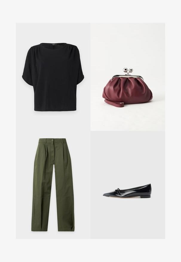 Haut noir à manches courtes avec une coupe décontractée, un col rond et des détails froncés aux épaules, confectionné dans un tissu doux et léger.; Pantalon taille haute vert olive à jambes droites avec passants de ceinture, fermeture par boutons, plis devant et détails de couture au genou.; Chaussure plate en cuir verni noir avec un bout pointu, une petite lanière décorative et un petit talon carré. Texture lisse et design épuré.; Petit sac pochette en cuir bordeaux avec fermoir métallique argenté et bracelet sur fond blanc.