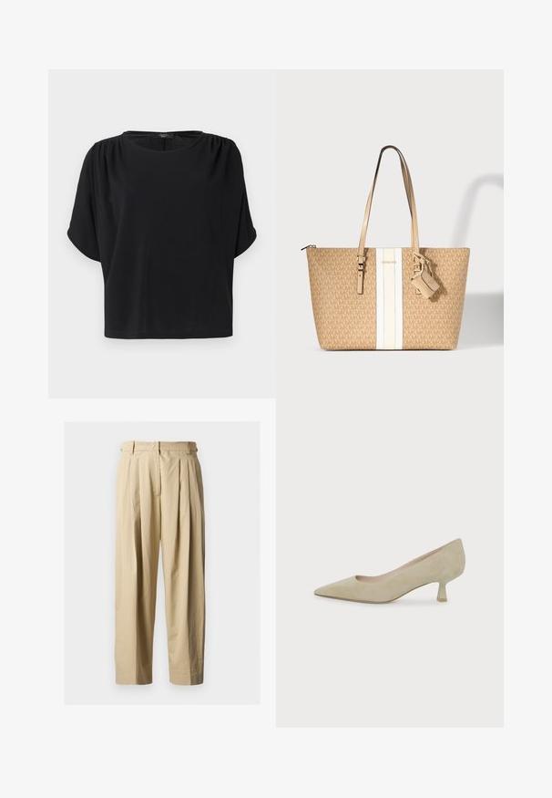 Haut noir à manches courtes avec une coupe décontractée, un col rond et des détails froncés aux épaules, confectionné dans un tissu doux et léger.; Pantalon beige à taille haute plissé avec passants pour ceinture, fermeture éclair à l'avant et jambes larges et droites sur un fond uni.; Escarpin en daim beige à bout pointu avec un talon bas et fin de hauteur moyenne sur fond blanc uni.; Sac fourre-tout beige Michael Kors avec motif logo répété, bande centrale blanche, doubles poignées et petite pochette attachée.