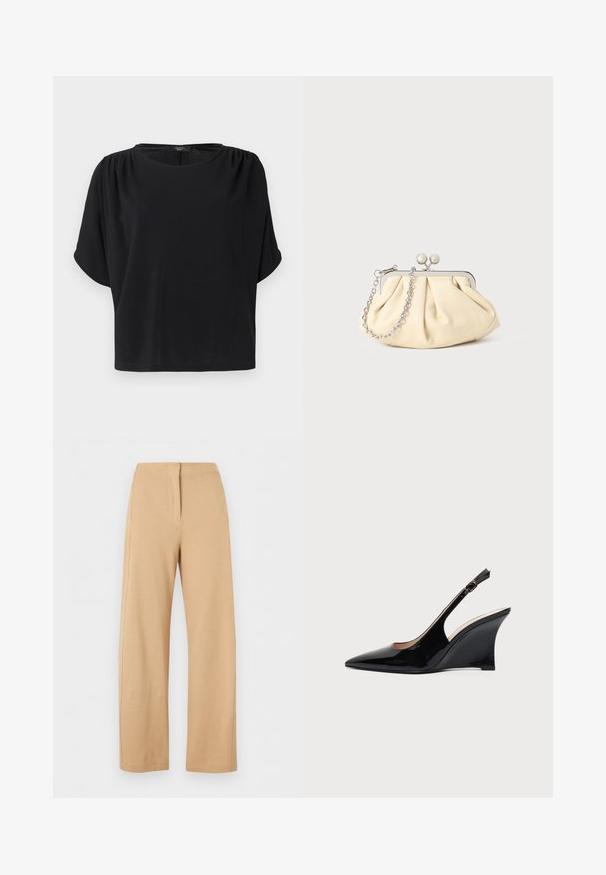 Haut noir à manches courtes avec une coupe décontractée, un col rond et des détails froncés aux épaules, confectionné dans un tissu doux et léger.; Pantalon beige taille haute à jambes larges avec un détail simple de couture frontale et une fermeture dissimulée, présenté sur fond blanc.; Chaussure compensée à bride arrière en cuir verni noir avec bout pointu et boucle réglable à la cheville sur fond blanc.; Pochette en cuir beige plissé avec un cadre en métal argenté, dotée de deux fermoirs ronds décoratifs et d'une chaîne en argent.