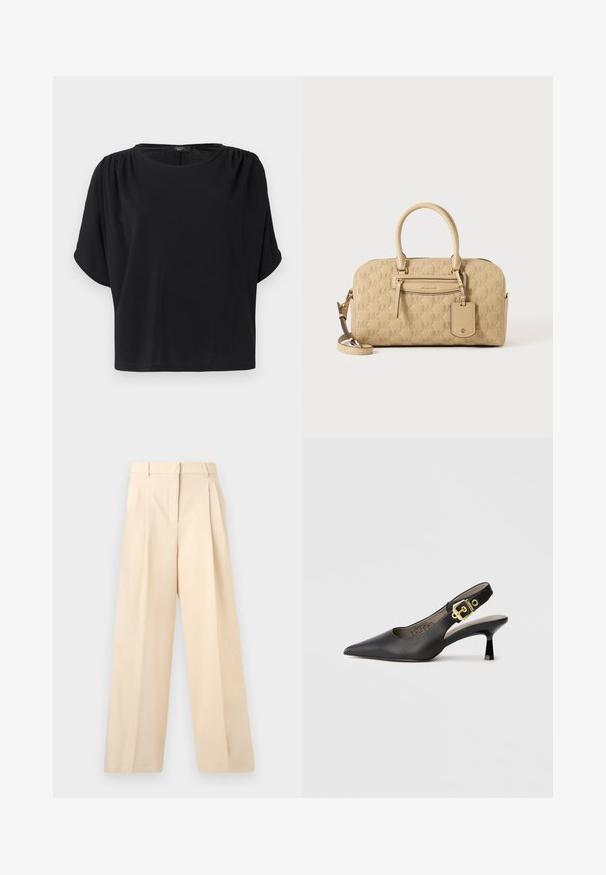 Haut noir à manches courtes avec une coupe décontractée, un col rond et des détails froncés aux épaules, confectionné dans un tissu doux et léger.; Pantalon beige à larges jambes avec plis devant, passants de ceinture, poches latérales et fermeture avant dissimulée.; Chaussure à talon haut noire à bride arrière, avec un bout pointu, une texture en cuir lisse et une accent de boucle dorée sur la bride.; Sac à main beige Michael Kors avec motif MK embossé, doubles poignées, poche avant zippée et bandoulière amovible sur fond blanc.